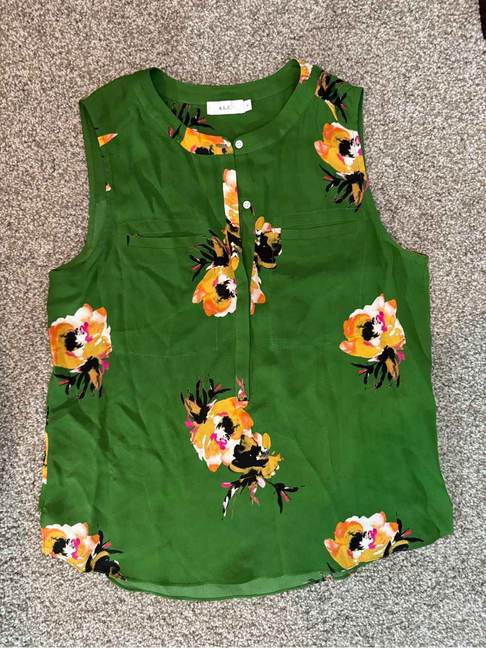 A.L.C. Green Floral Sleeveless Camisole with Yellow Accents 100% Silk